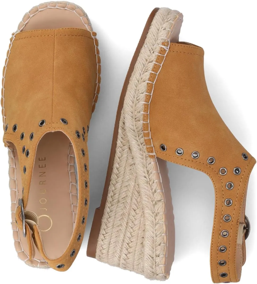 Journee Womens cushioned footbed Crisie Wedge Heel Sandals Espadrille Ankle Buckle Faux Leather Open Toe 3-4 Inch Heel
