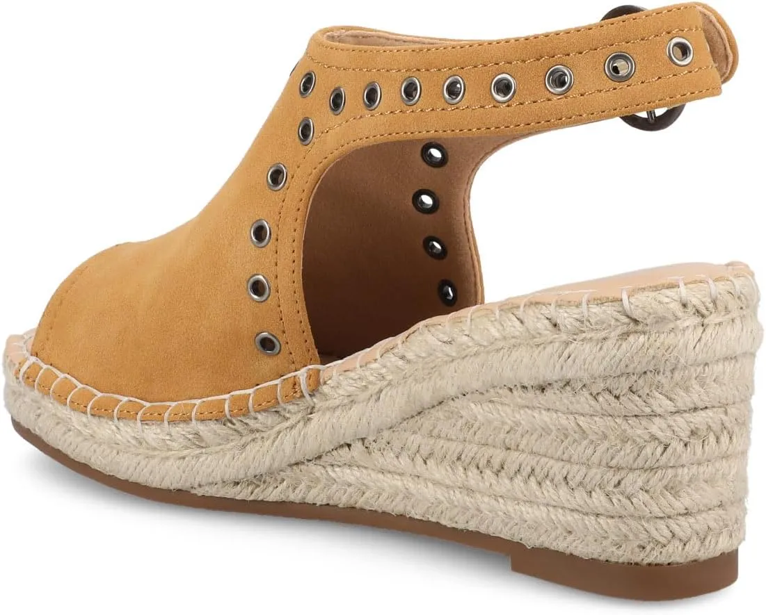 Journee Womens cushioned footbed Crisie Wedge Heel Sandals Espadrille Ankle Buckle Faux Leather Open Toe 3-4 Inch Heel