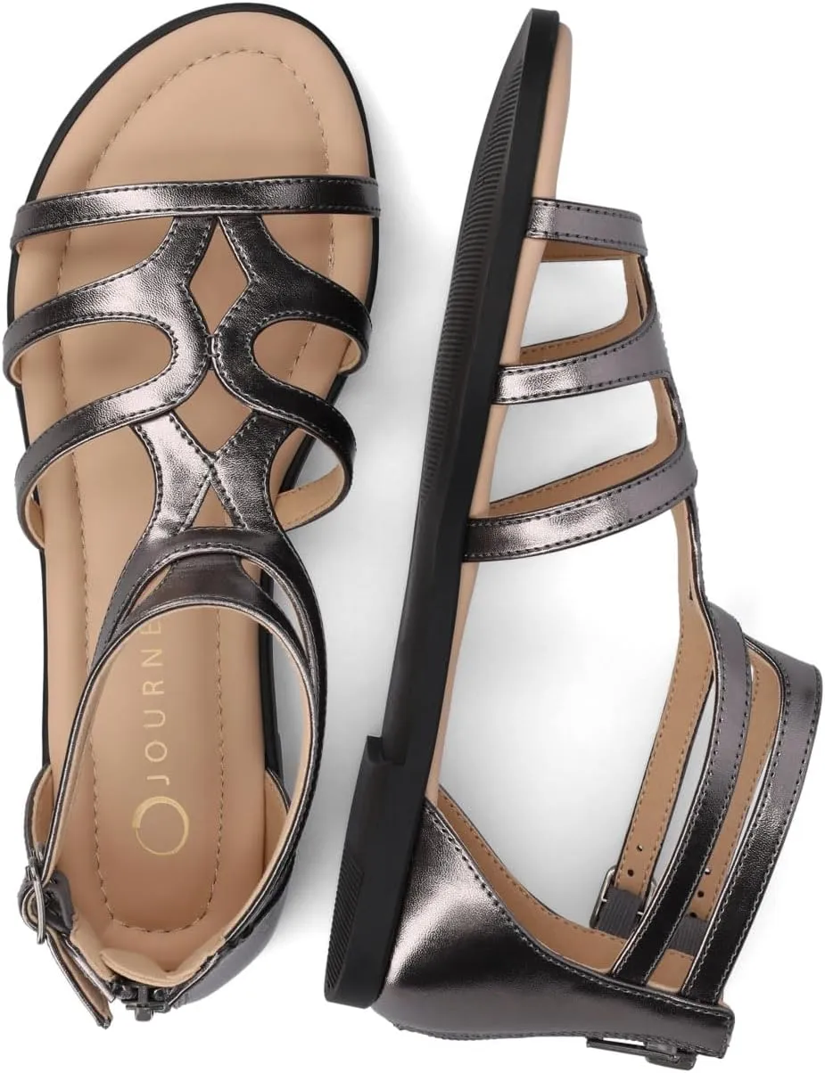 Journee Womens cushioned footbeds Genneva Gladiator Sandal flat sole ankle bucke multi strap open toe