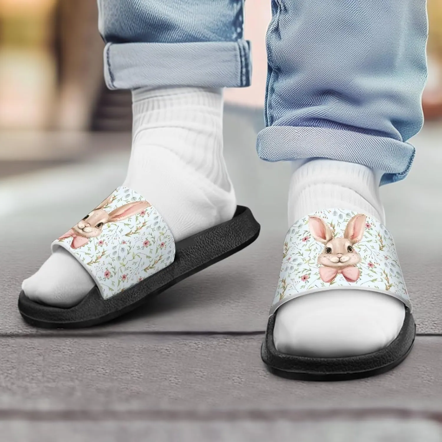 JoyLamoria Bunny Print Sandals House Slides Kids Unisex Cloud Cushioned Non-Slip Open Toe Indoor Outdoor Comfy Summer
