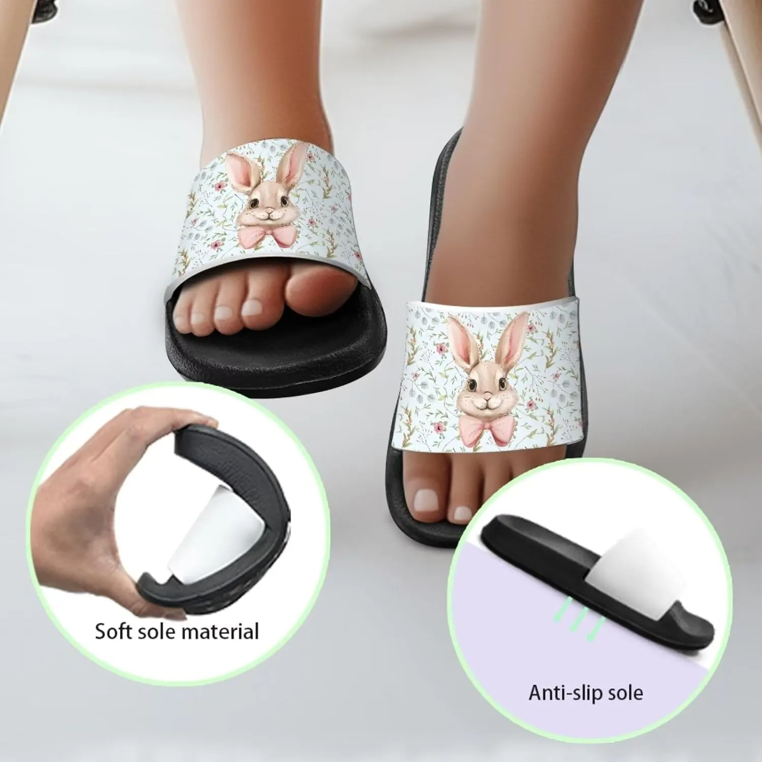 JoyLamoria Bunny Print Sandals House Slides Kids Unisex Cloud Cushioned Non-Slip Open Toe Indoor Outdoor Comfy Summer