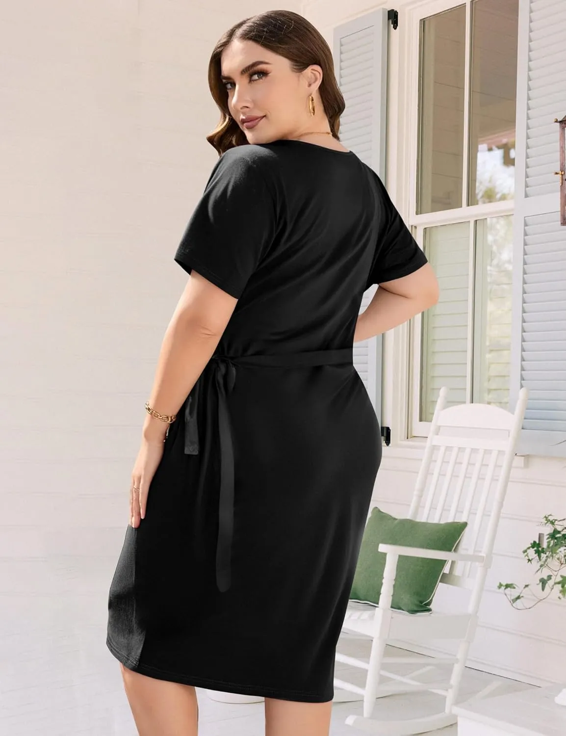 JULYCLO Plus Size Wrap Dress for Curvy Women Sexy Ruched Tie Waist V Neck Cocktail Wedding Guest Party Dress