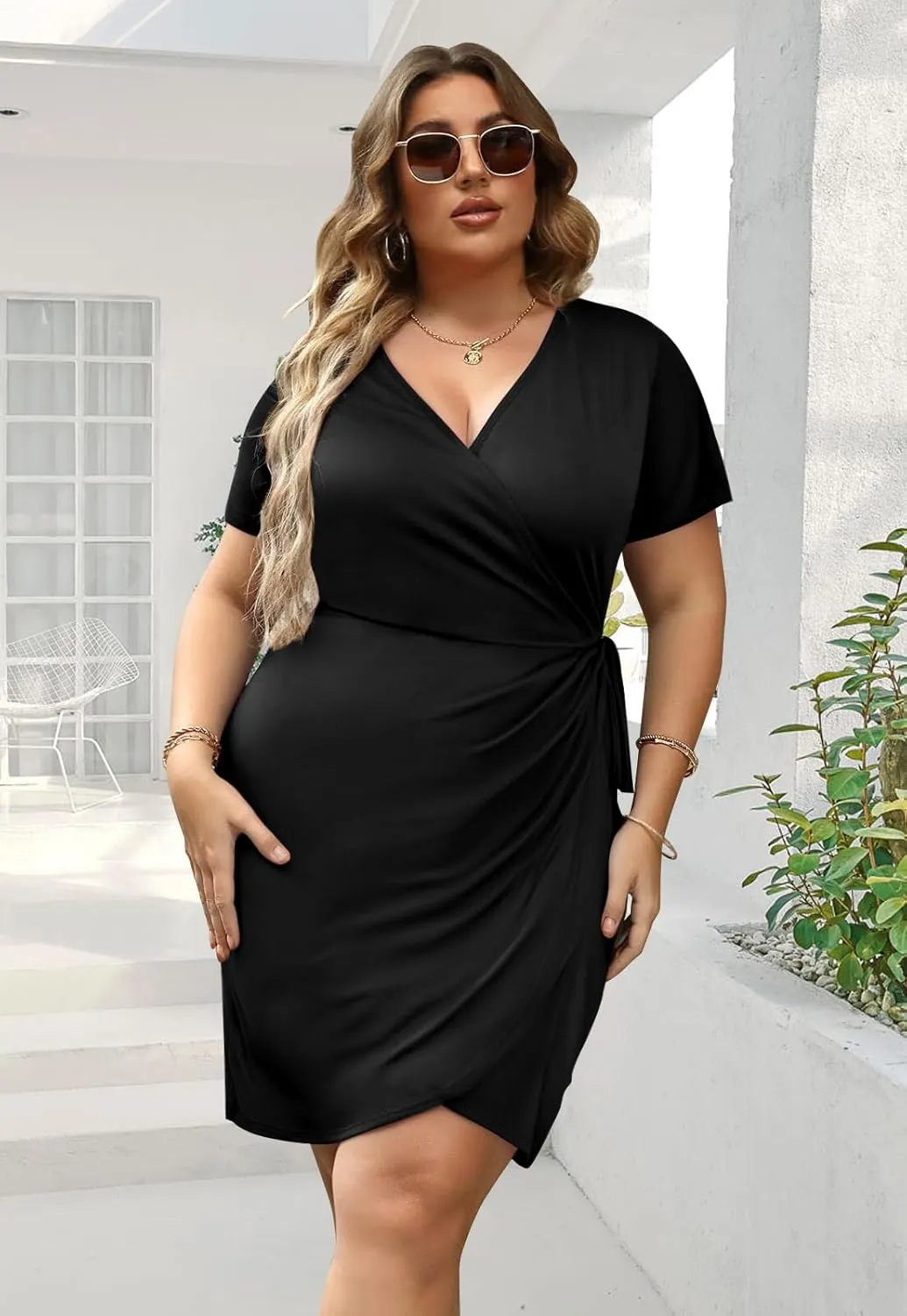 JULYCLO Plus Size Wrap Dress for Curvy Women Sexy Ruched Tie Waist V Neck Cocktail Wedding Guest Party Dress