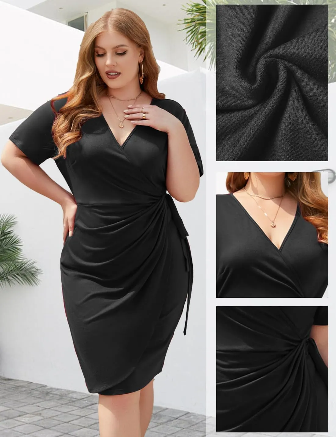 JULYCLO Plus Size Wrap Dress for Curvy Women Sexy Ruched Tie Waist V Neck Cocktail Wedding Guest Party Dress