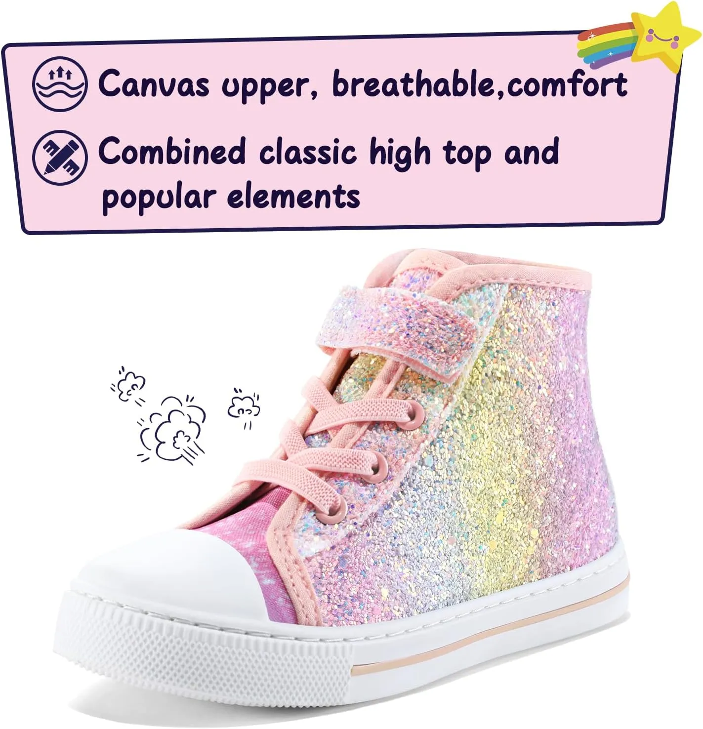 K KomForme Toddler Sneakers Girls Canvas High Top Walking Shoes with Hook and Loops