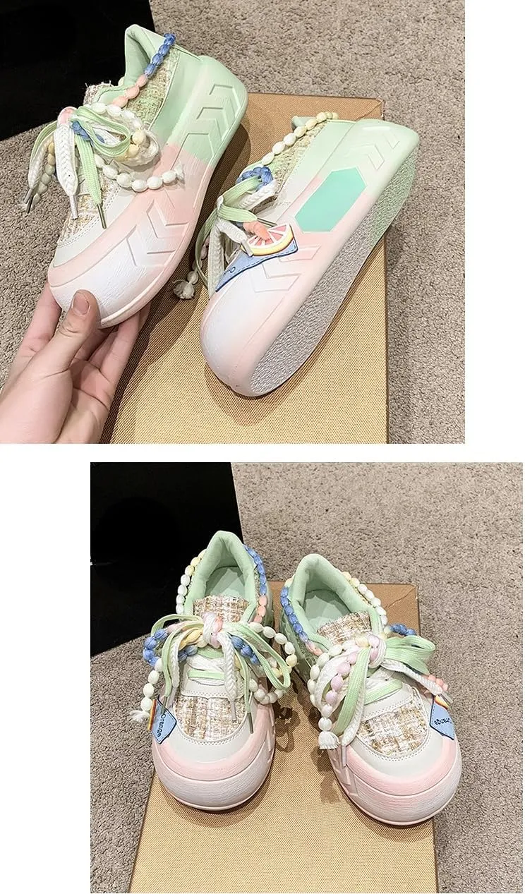 Kawaii Women's Y2K Platform Chunky Sneakers - Cute Linen Thick Roundhead Rave Travel Shoes