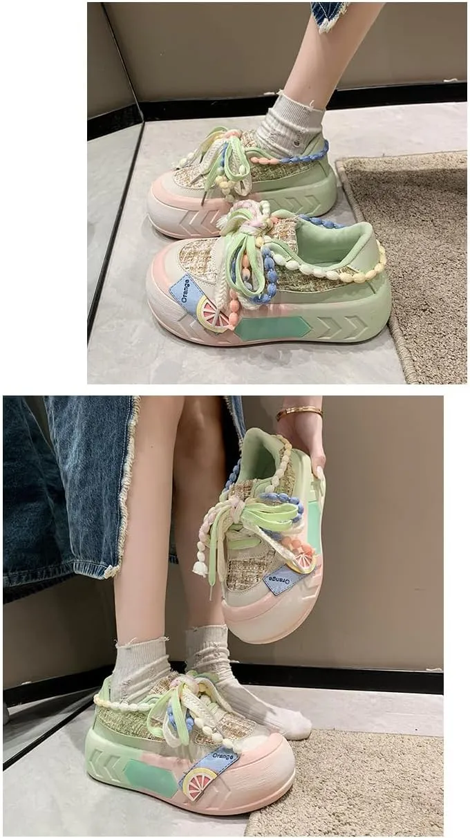 Kawaii Women's Y2K Platform Chunky Sneakers - Cute Linen Thick Roundhead Rave Travel Shoes
