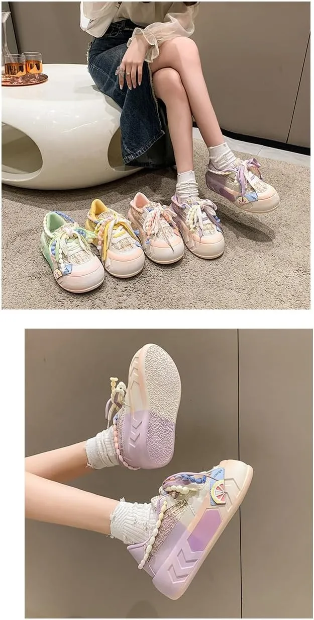 Kawaii Women's Y2K Platform Chunky Sneakers - Cute Linen Thick Roundhead Rave Travel Shoes