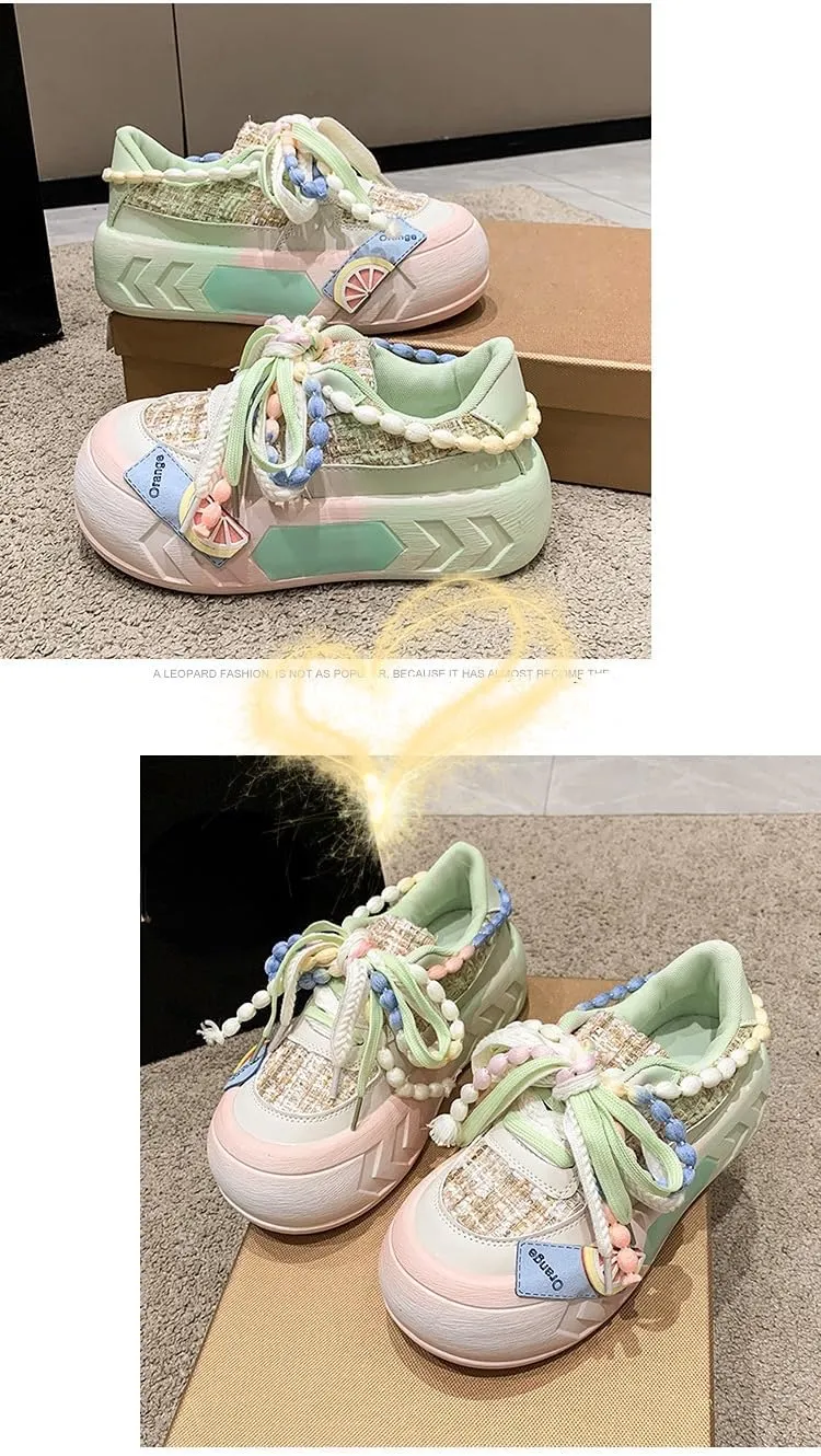 Kawaii Women's Y2K Platform Chunky Sneakers - Cute Linen Thick Roundhead Rave Travel Shoes