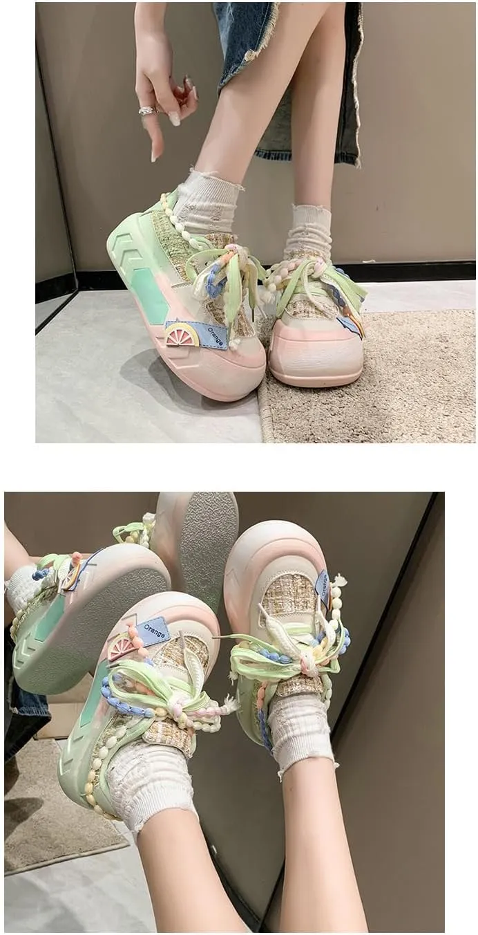 Kawaii Women's Y2K Platform Chunky Sneakers - Cute Linen Thick Roundhead Rave Travel Shoes