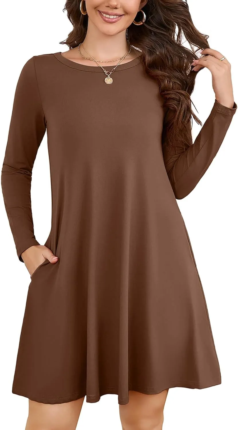 KORSIS Women Long Sleeve Tops T-Shirt Dress Round Neck Casual A-Line Loose Vocation Fall Winter Dress with Pockets