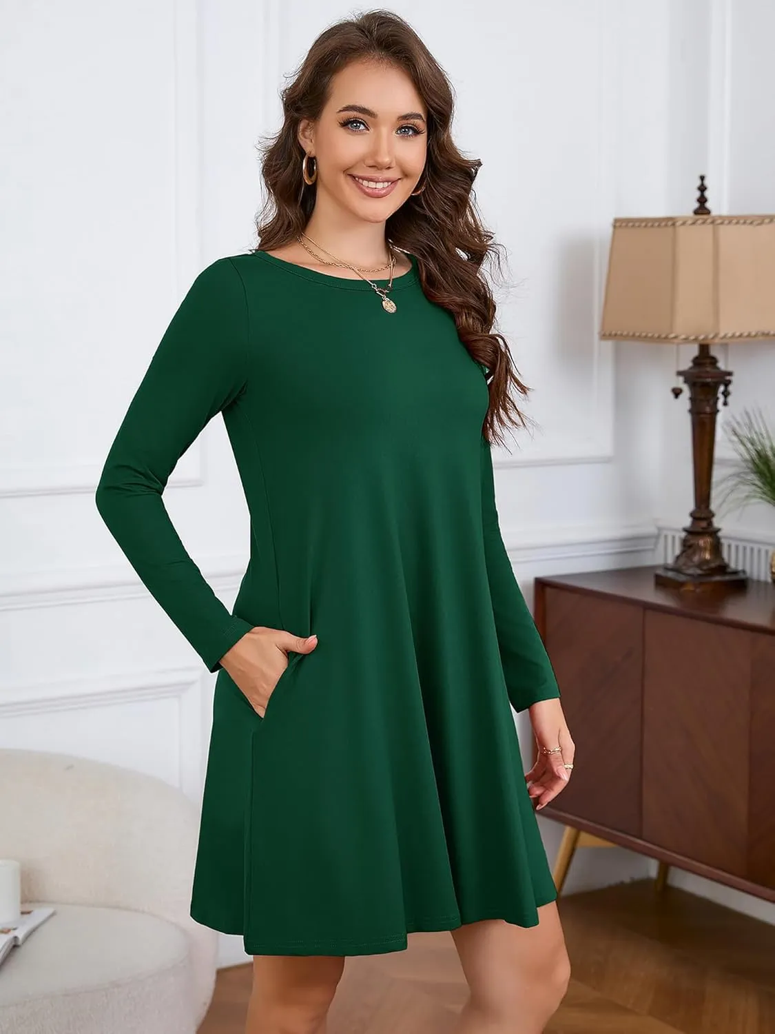 KORSIS Women Long Sleeve Tops T-Shirt Dress Round Neck Casual A-Line Loose Vocation Fall Winter Dress with Pockets