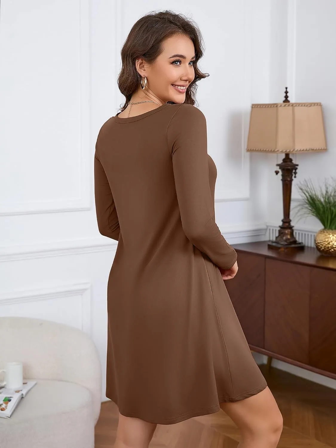 KORSIS Women Long Sleeve Tops T-Shirt Dress Round Neck Casual A-Line Loose Vocation Fall Winter Dress with Pockets
