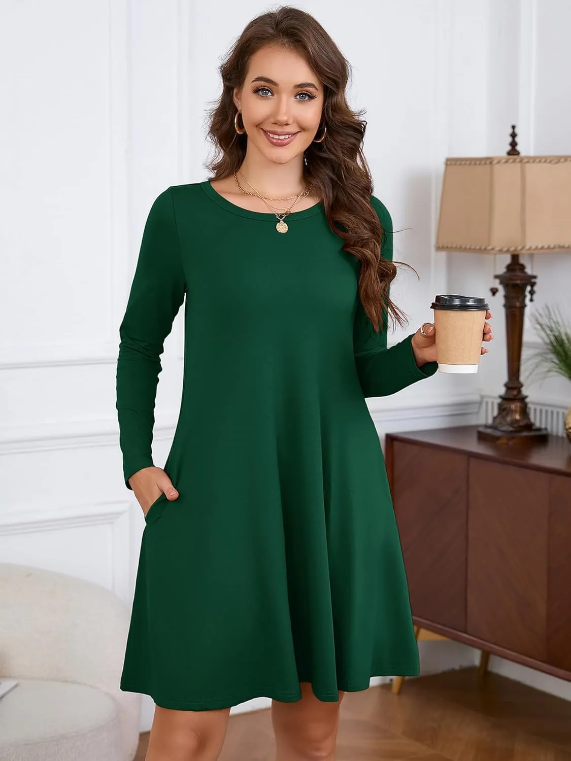 KORSIS Women Long Sleeve Tops T-Shirt Dress Round Neck Casual A-Line Loose Vocation Fall Winter Dress with Pockets