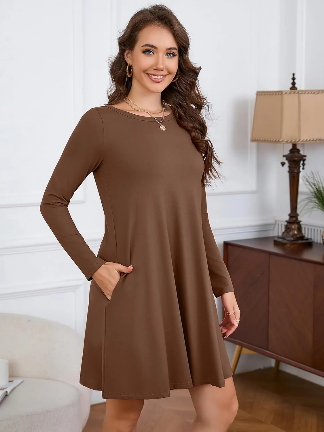 KORSIS Women Long Sleeve Tops T-Shirt Dress Round Neck Casual A-Line Loose Vocation Fall Winter Dress with Pockets