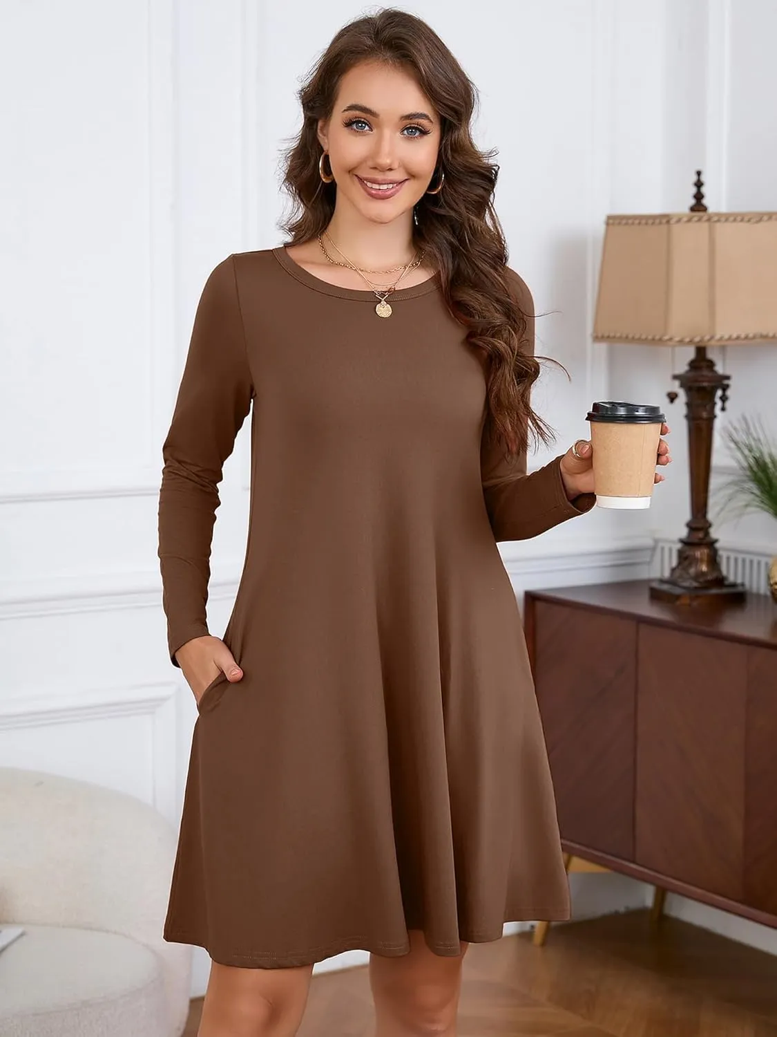 KORSIS Women Long Sleeve Tops T-Shirt Dress Round Neck Casual A-Line Loose Vocation Fall Winter Dress with Pockets