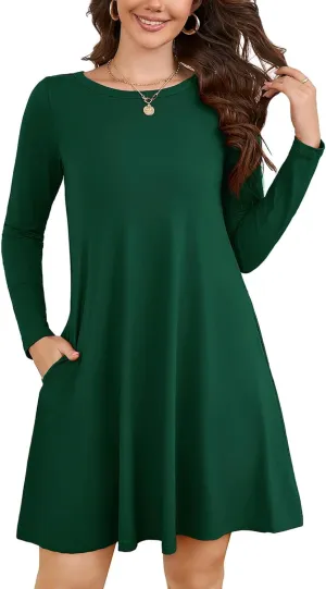 KORSIS Women Long Sleeve Tops T-Shirt Dress Round Neck Casual A-Line Loose Vocation Fall Winter Dress with Pockets