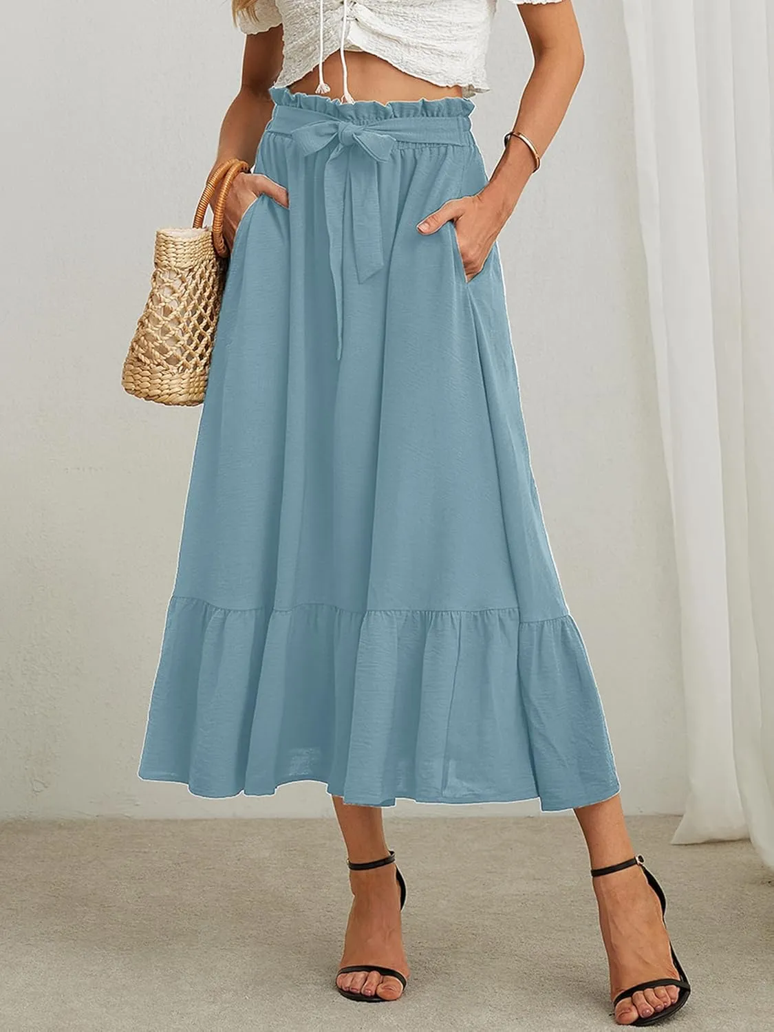 KORSIS Women's Maxi Skirt Casual A Line High Waisted Tied Adjustable Flowy Elegant Vocation Beach Long Skirt with Pocket