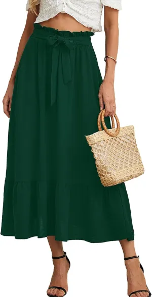 KORSIS Women's Maxi Skirt Casual A Line High Waisted Tied Adjustable Flowy Elegant Vocation Beach Long Skirt with Pocket