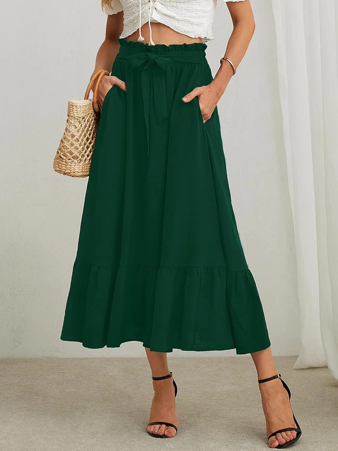 KORSIS Women's Maxi Skirt Casual A Line High Waisted Tied Adjustable Flowy Elegant Vocation Beach Long Skirt with Pocket