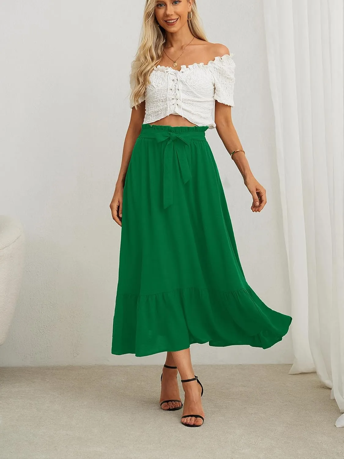 KORSIS Women's Maxi Skirt Casual A Line High Waisted Tied Adjustable Flowy Elegant Vocation Beach Long Skirt with Pocket