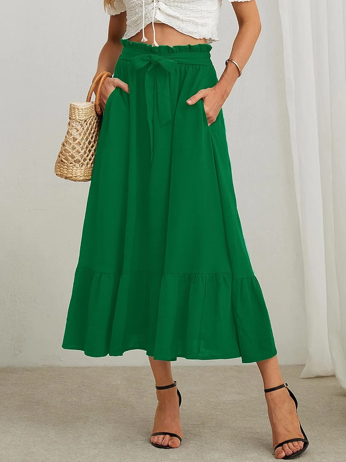 KORSIS Women's Maxi Skirt Casual A Line High Waisted Tied Adjustable Flowy Elegant Vocation Beach Long Skirt with Pocket