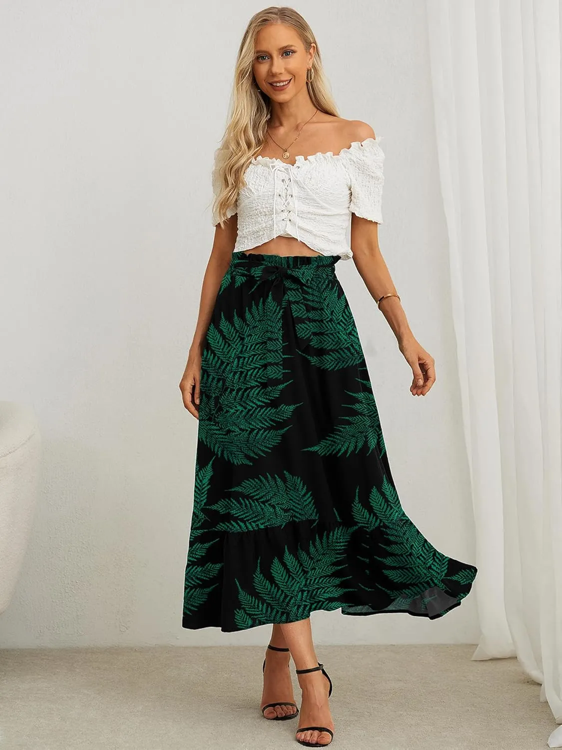 KORSIS Women's Maxi Skirt Casual A Line High Waisted Tied Adjustable Flowy Elegant Vocation Beach Long Skirt with Pocket