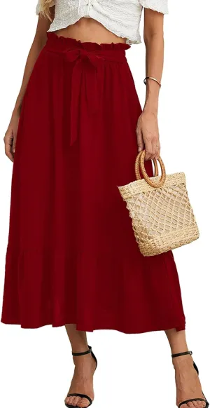 KORSIS Women's Maxi Skirt Casual A Line High Waisted Tied Adjustable Flowy Elegant Vocation Beach Long Skirt with Pocket