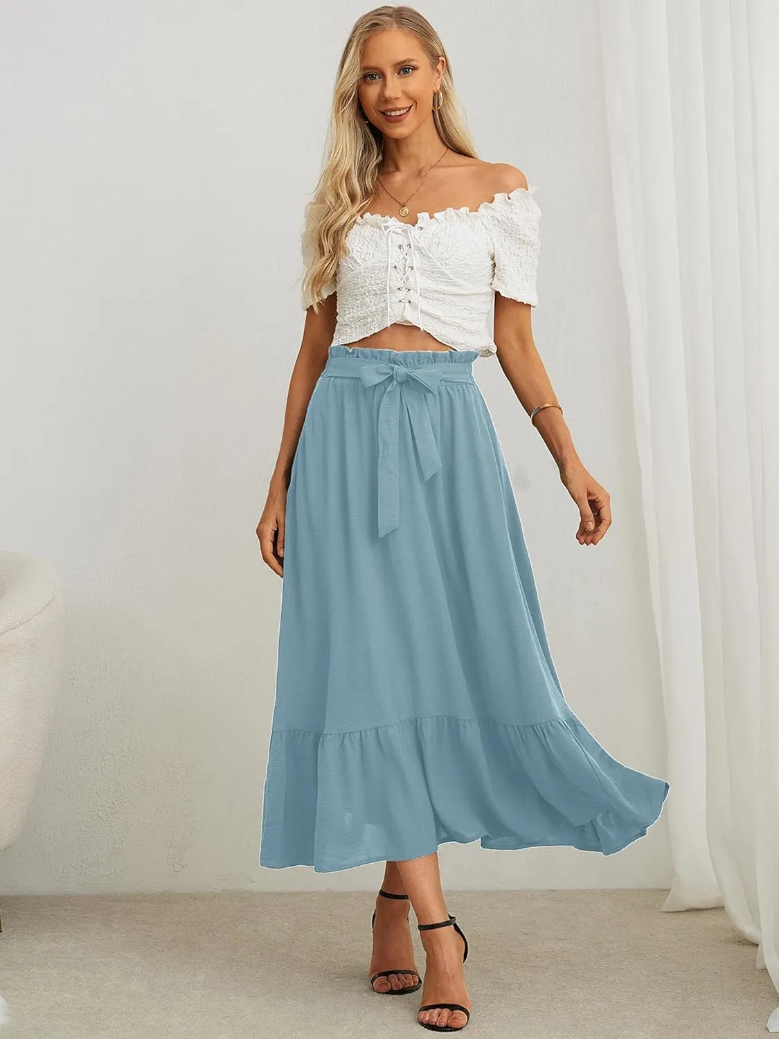 KORSIS Women's Maxi Skirt Casual A Line High Waisted Tied Adjustable Flowy Elegant Vocation Beach Long Skirt with Pocket