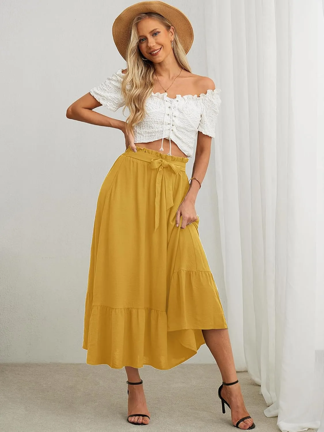 KORSIS Women's Maxi Skirt Casual A Line High Waisted Tied Adjustable Flowy Elegant Vocation Beach Long Skirt with Pocket