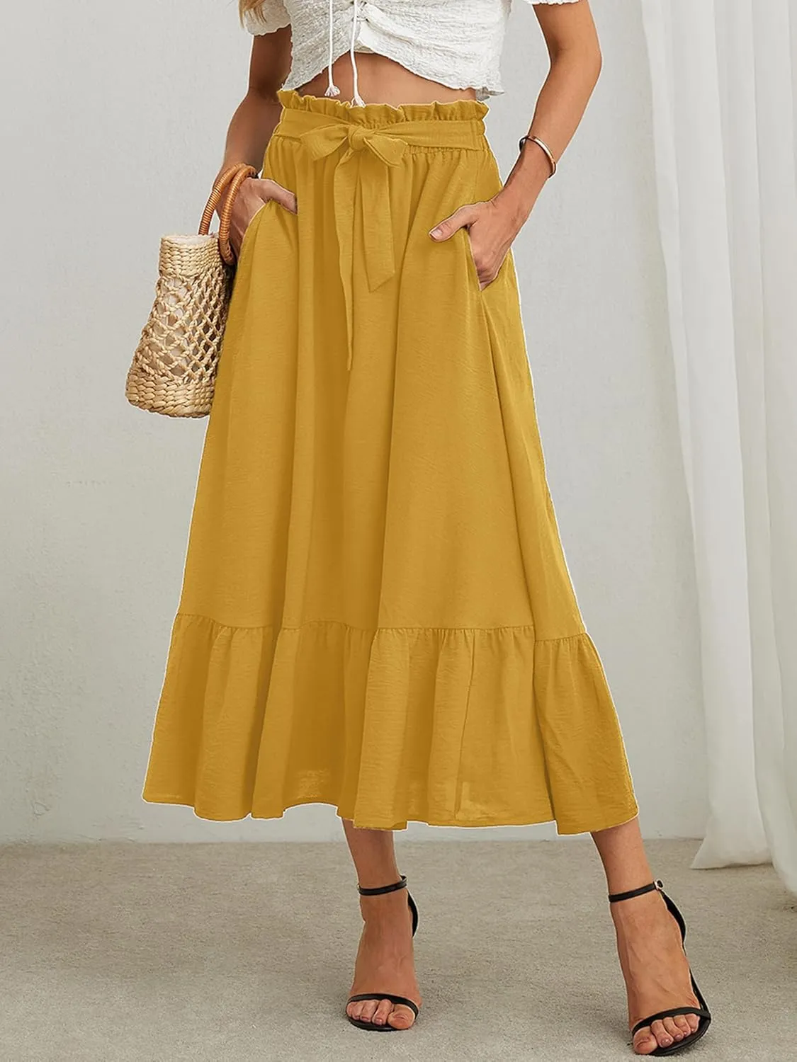 KORSIS Women's Maxi Skirt Casual A Line High Waisted Tied Adjustable Flowy Elegant Vocation Beach Long Skirt with Pocket