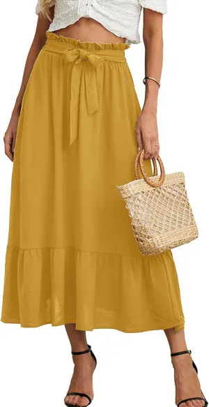 KORSIS Women's Maxi Skirt Casual A Line High Waisted Tied Adjustable Flowy Elegant Vocation Beach Long Skirt with Pocket