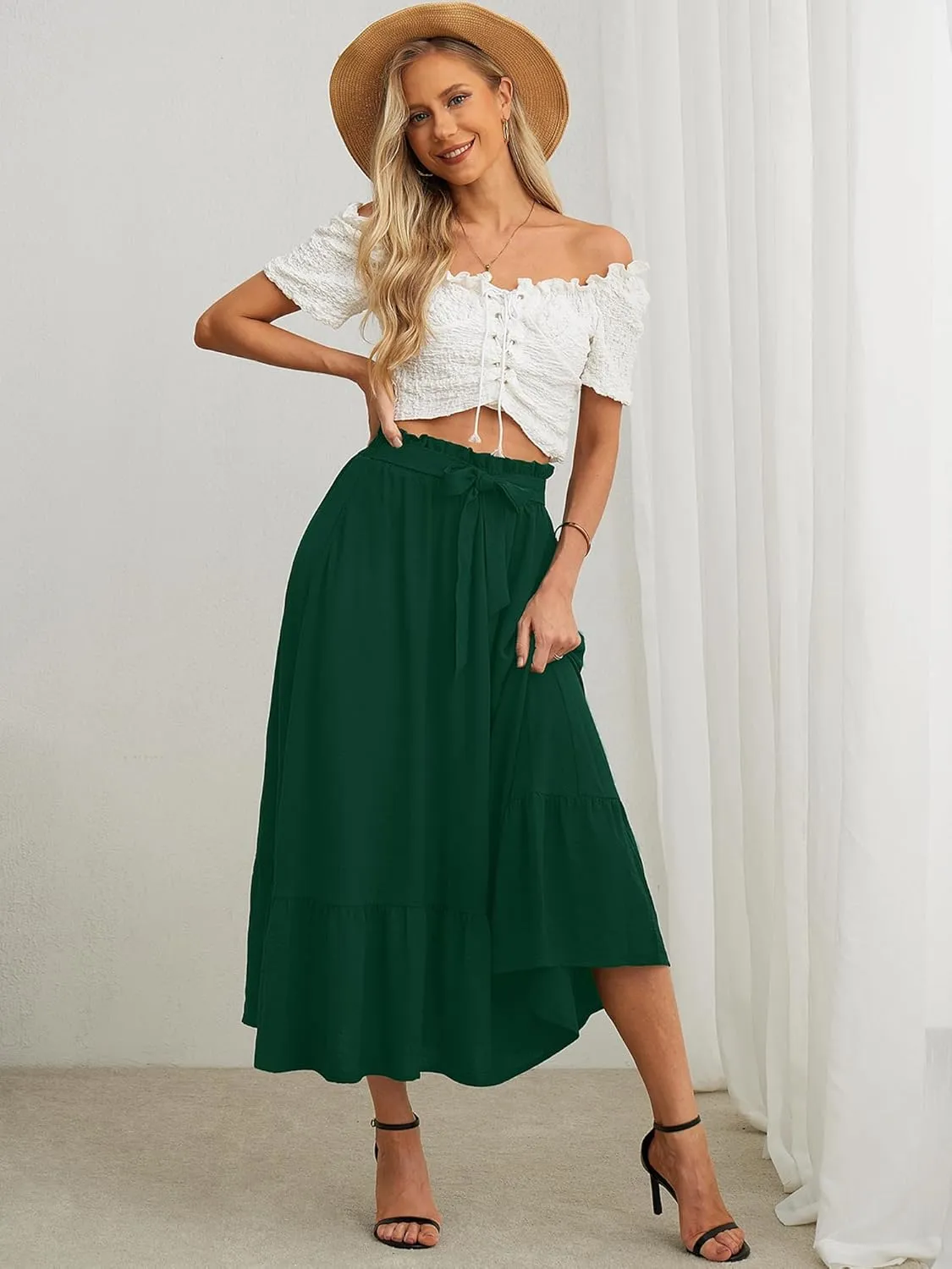 KORSIS Women's Maxi Skirt Casual A Line High Waisted Tied Adjustable Flowy Elegant Vocation Beach Long Skirt with Pocket