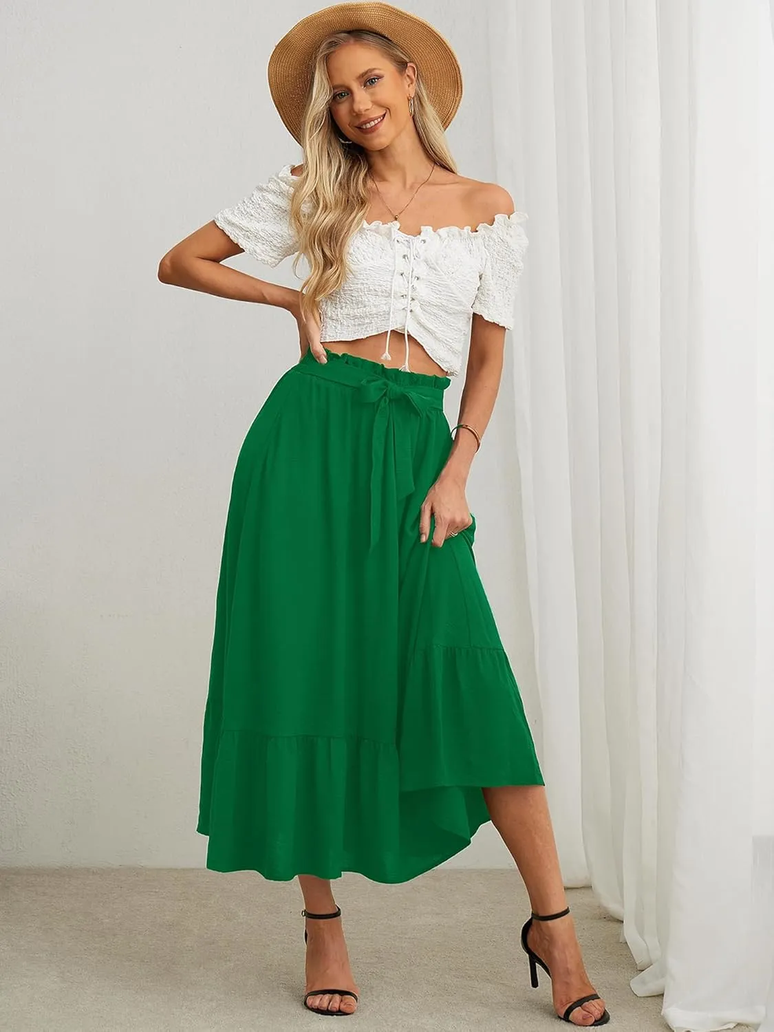 KORSIS Women's Maxi Skirt Casual A Line High Waisted Tied Adjustable Flowy Elegant Vocation Beach Long Skirt with Pocket