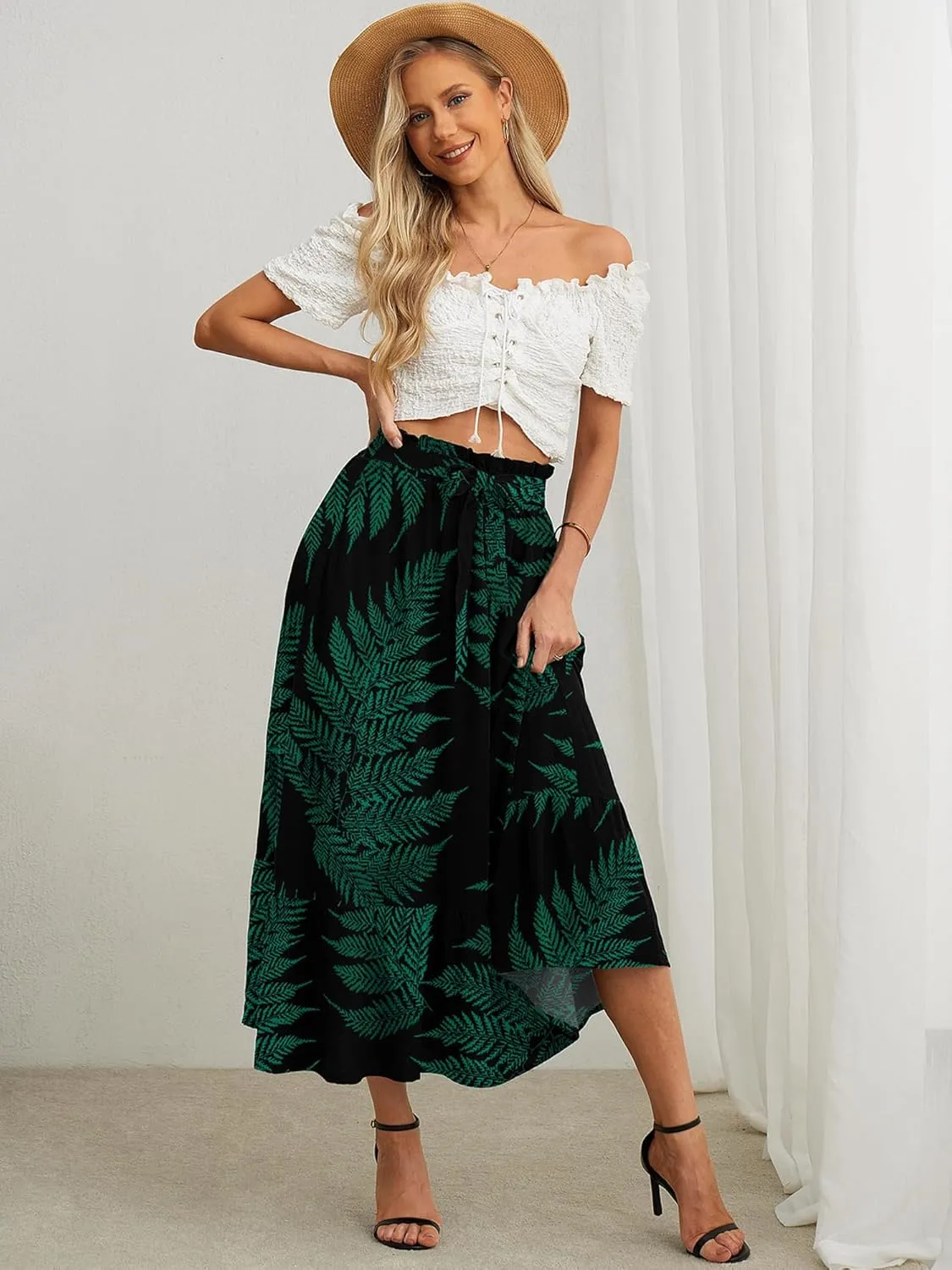 KORSIS Women's Maxi Skirt Casual A Line High Waisted Tied Adjustable Flowy Elegant Vocation Beach Long Skirt with Pocket