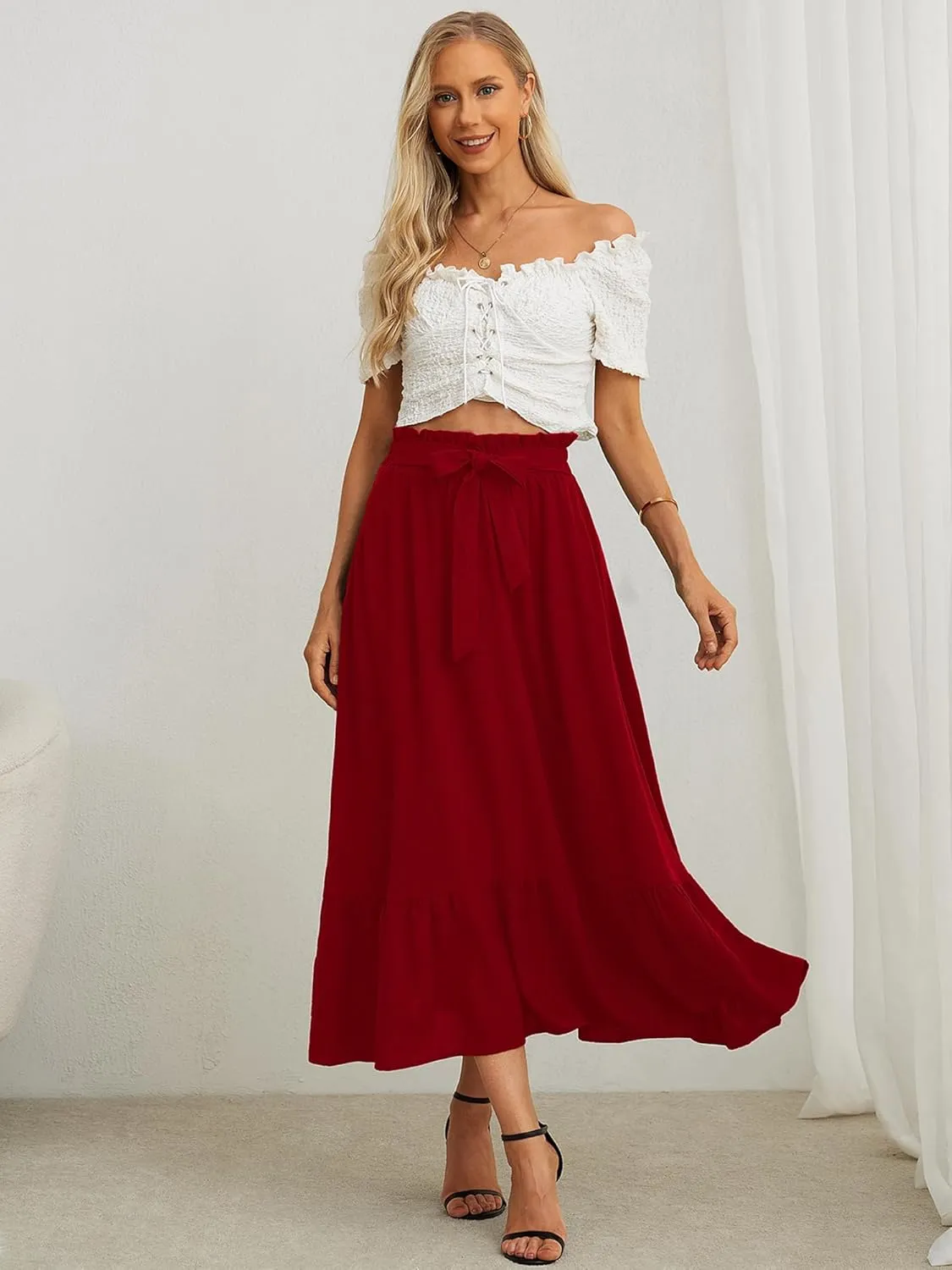 KORSIS Women's Maxi Skirt Casual A Line High Waisted Tied Adjustable Flowy Elegant Vocation Beach Long Skirt with Pocket