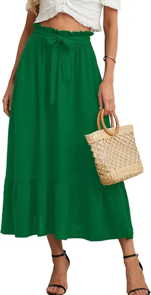 KORSIS Women's Maxi Skirt Casual A Line High Waisted Tied Adjustable Flowy Elegant Vocation Beach Long Skirt with Pocket