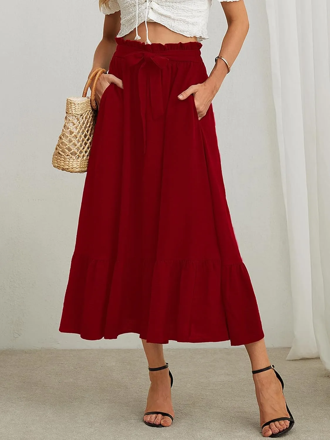 KORSIS Women's Maxi Skirt Casual A Line High Waisted Tied Adjustable Flowy Elegant Vocation Beach Long Skirt with Pocket