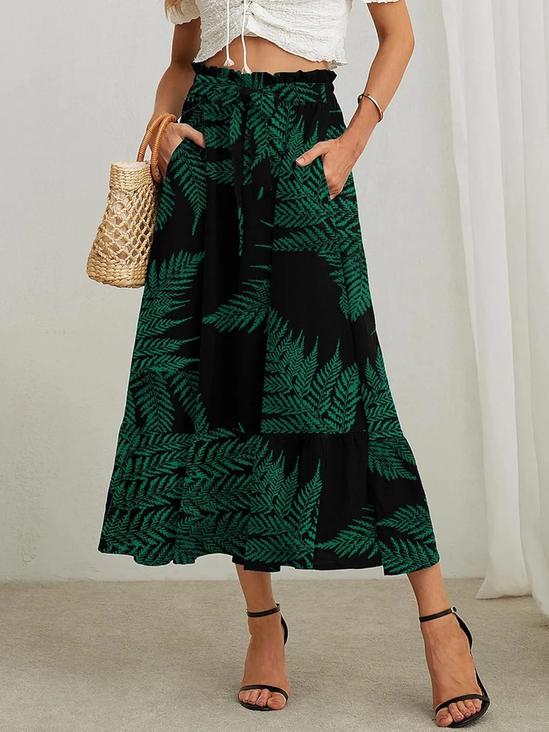 KORSIS Women's Maxi Skirt Casual A Line High Waisted Tied Adjustable Flowy Elegant Vocation Beach Long Skirt with Pocket