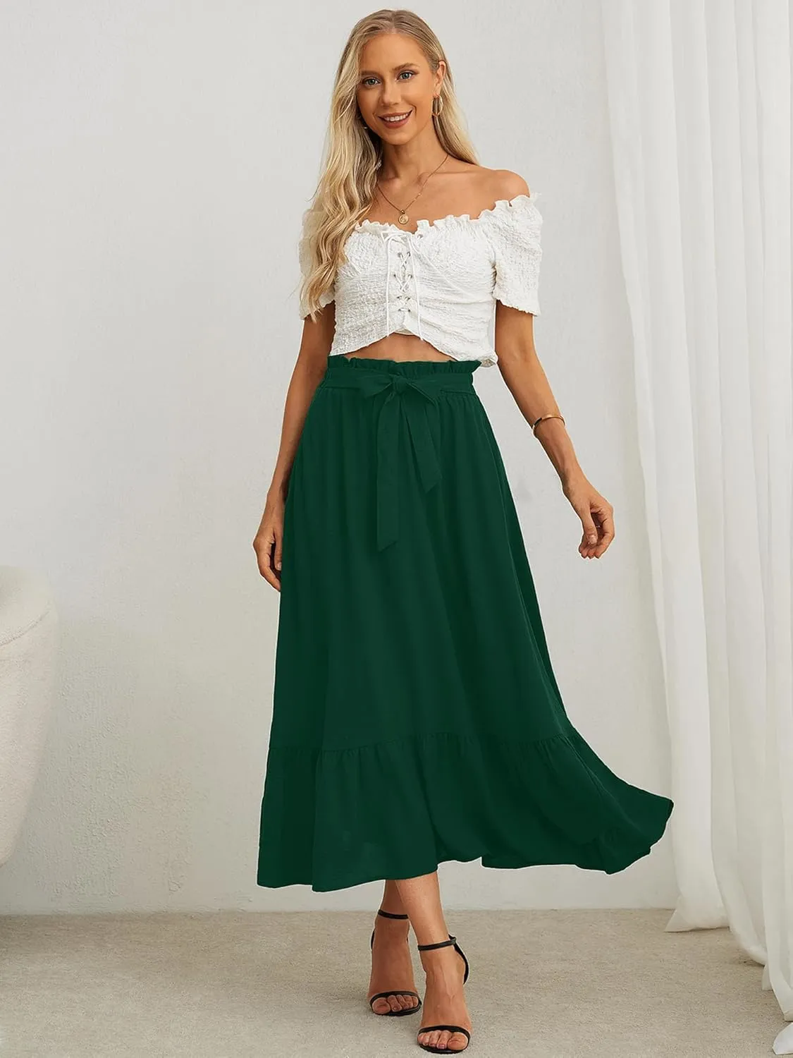 KORSIS Women's Maxi Skirt Casual A Line High Waisted Tied Adjustable Flowy Elegant Vocation Beach Long Skirt with Pocket