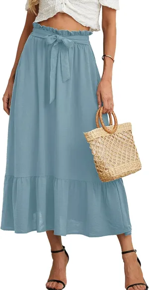 KORSIS Women's Maxi Skirt Casual A Line High Waisted Tied Adjustable Flowy Elegant Vocation Beach Long Skirt with Pocket