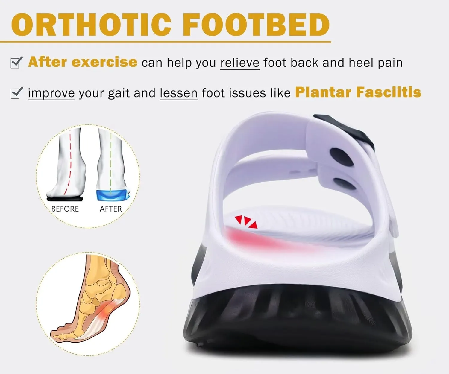 KuaiLu Womens Recovery Sandals With Comfortable Plantar Fasciitis Arch Support, Orthotic Adjustable Thick Cushion Sport Slides Reduces Stress on Feet, Joints & Back Post-Exercise