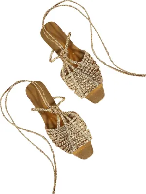 Lace up Sandals for Women Metallic Braided Flats Criss Cross Strappy Square Open Toe Slide Shoes Summer Beach Gladiator Sandals