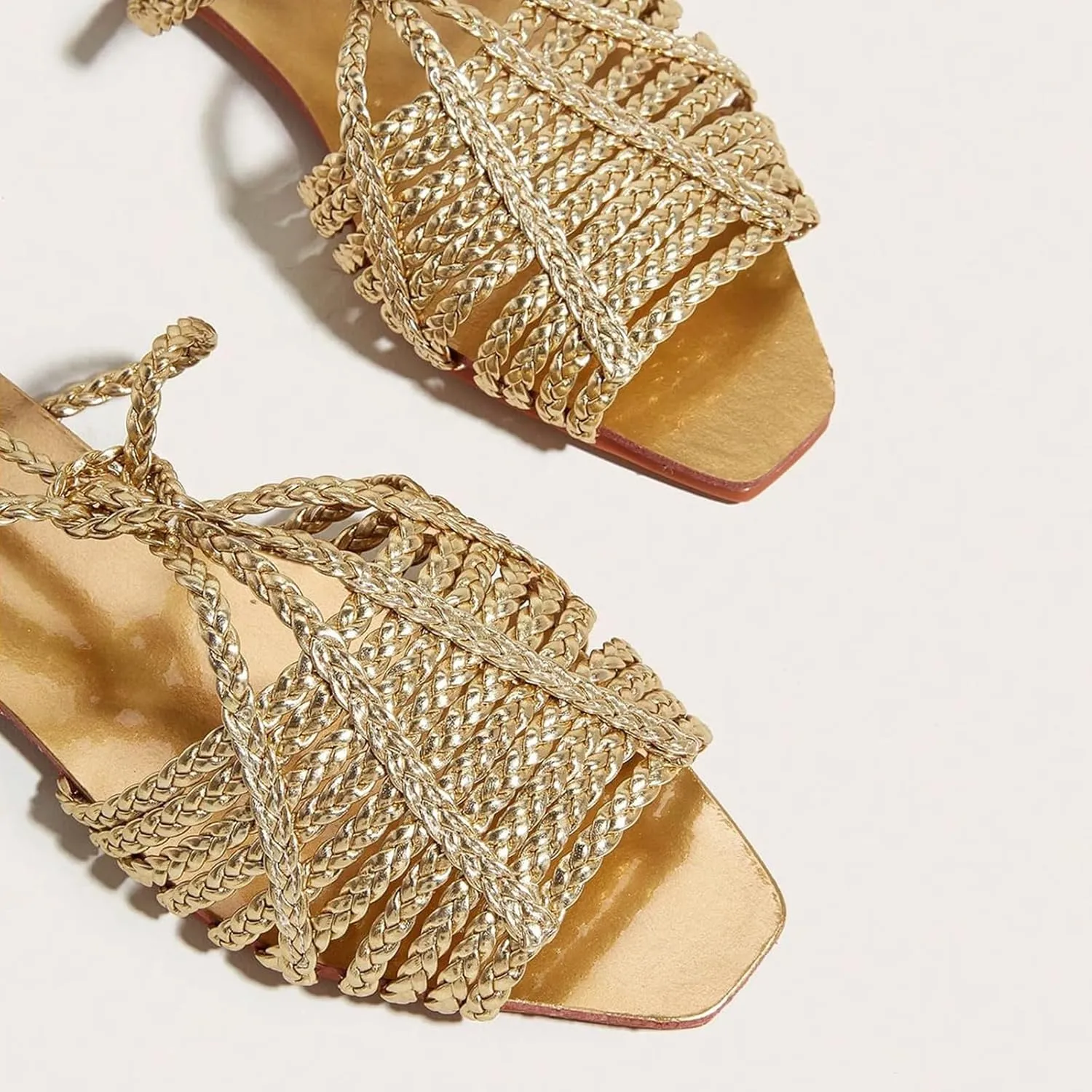 Lace up Sandals for Women Metallic Braided Flats Criss Cross Strappy Square Open Toe Slide Shoes Summer Beach Gladiator Sandals