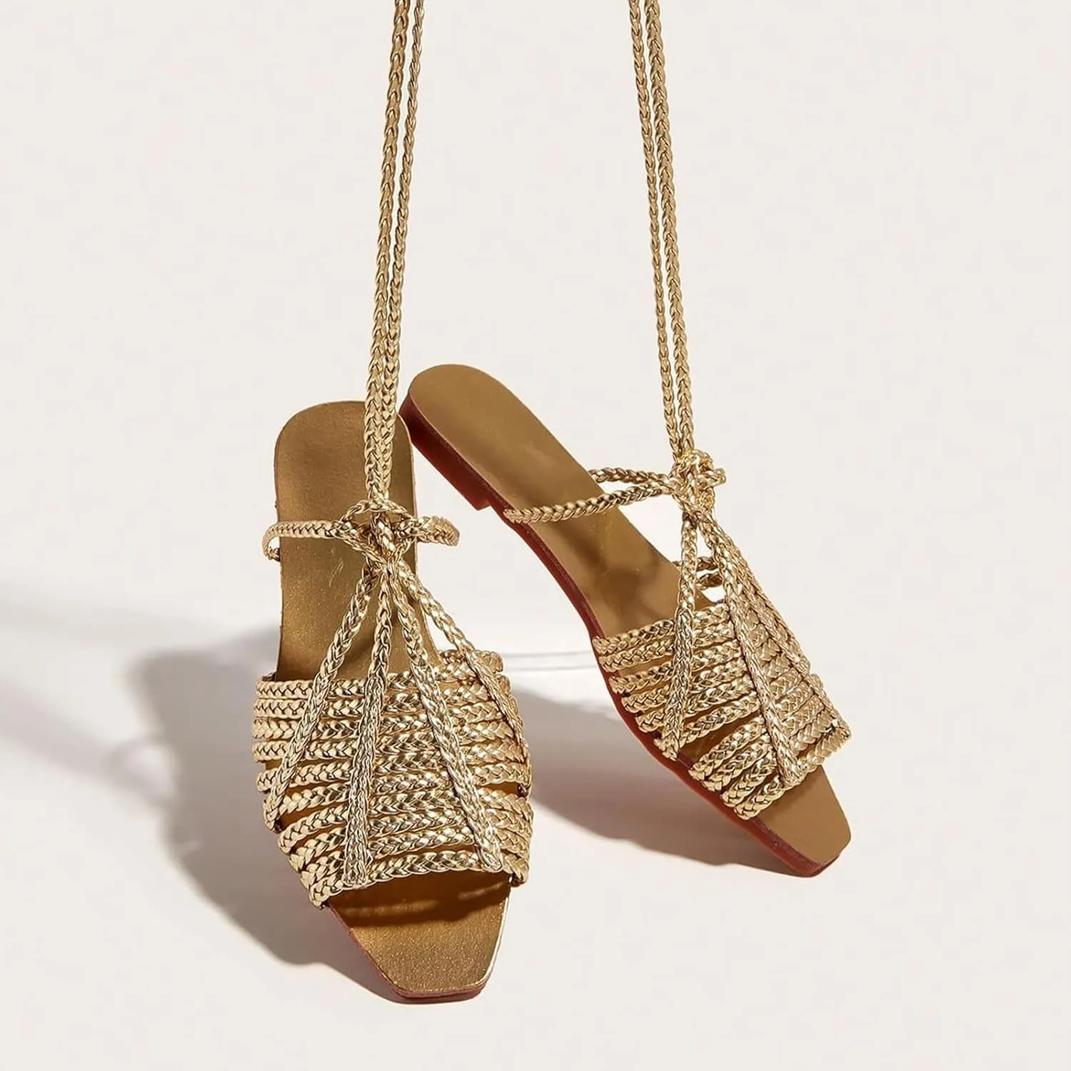 Lace up Sandals for Women Metallic Braided Flats Criss Cross Strappy Square Open Toe Slide Shoes Summer Beach Gladiator Sandals