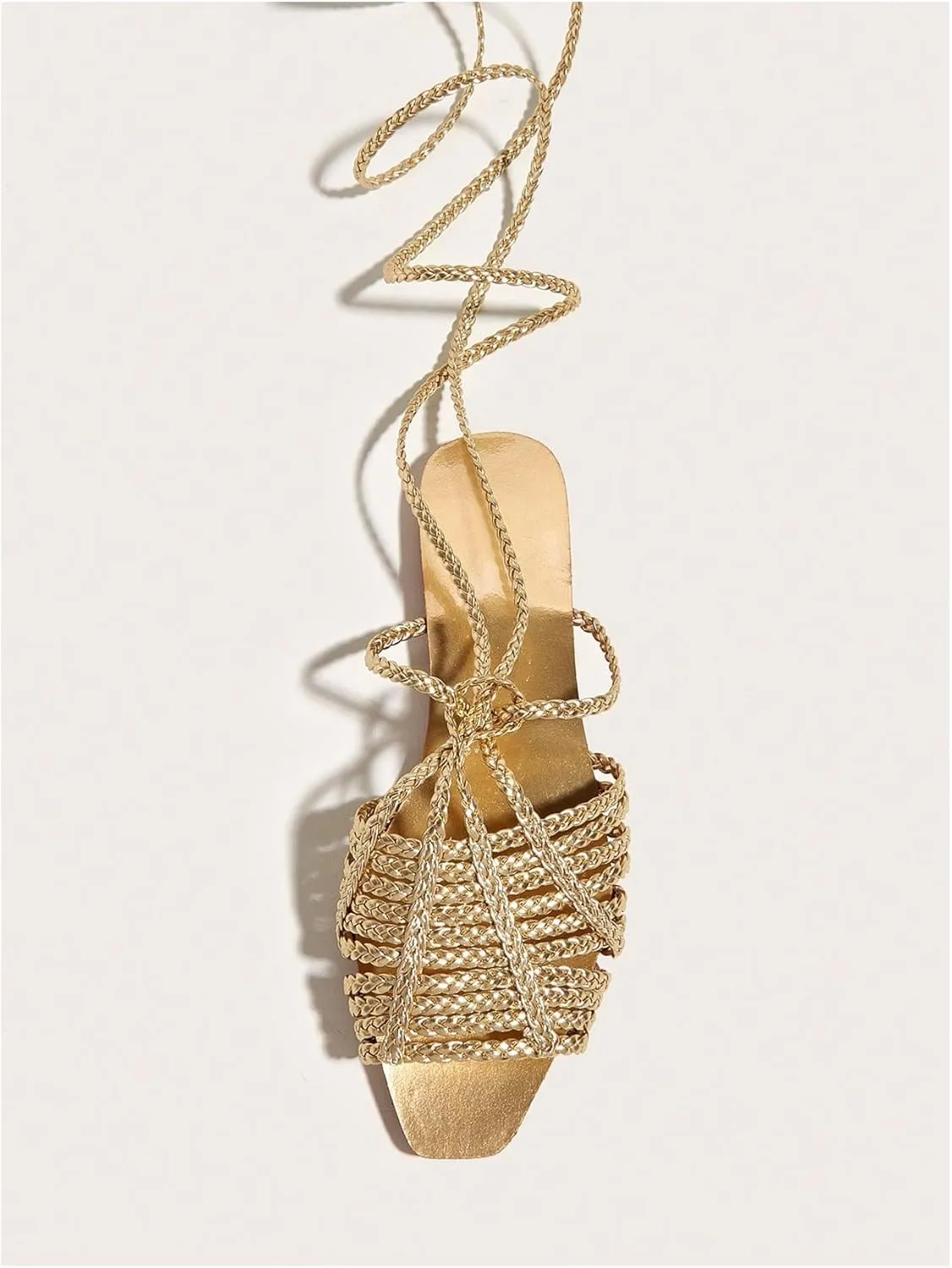 Lace up Sandals for Women Metallic Braided Flats Criss Cross Strappy Square Open Toe Slide Shoes Summer Beach Gladiator Sandals