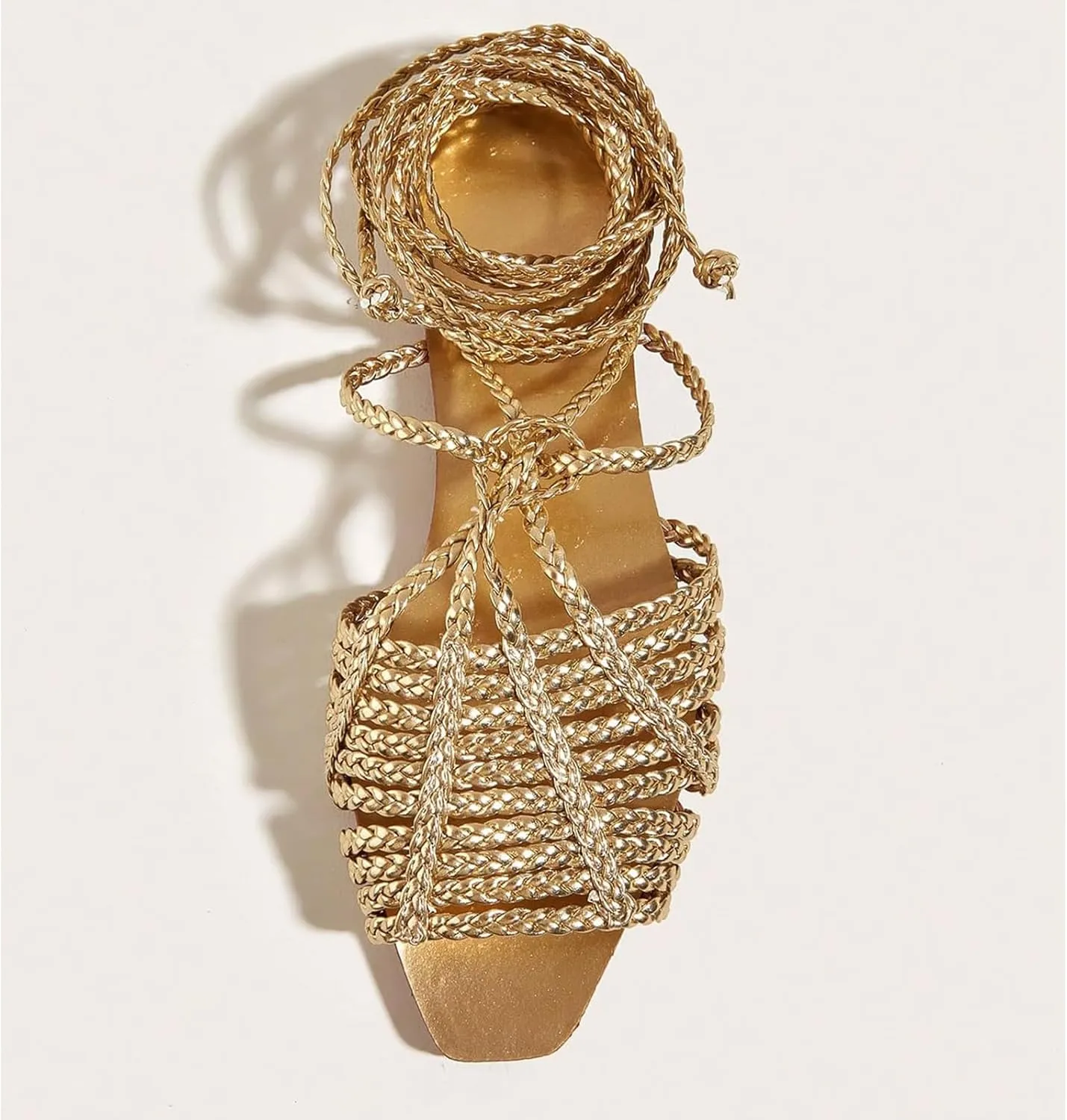 Lace up Sandals for Women Metallic Braided Flats Criss Cross Strappy Square Open Toe Slide Shoes Summer Beach Gladiator Sandals