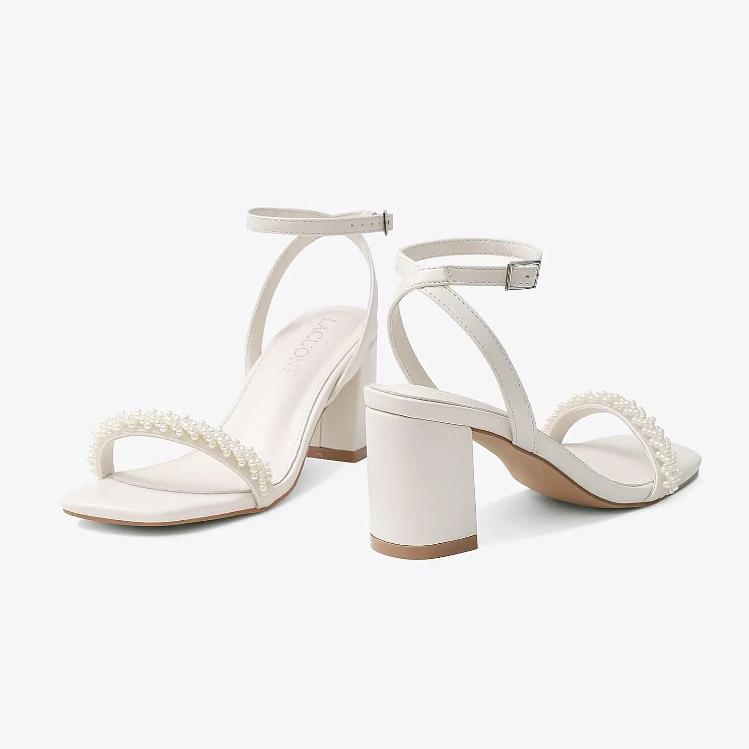 LACUONE Strappy Heels for women Block Chunky Heels Ankle Buckle Square Toe Heeled Sandals