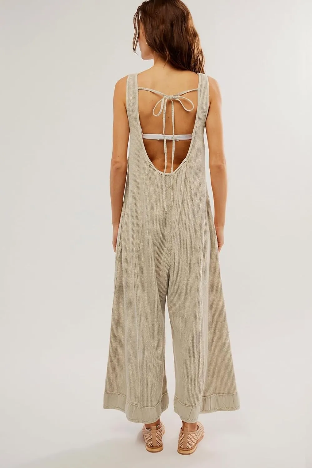 Ladyful Women's Summer Wide Leg Overalls Casual Loose Sleeveless Jumpsuits Waffle Backless Tank Romper