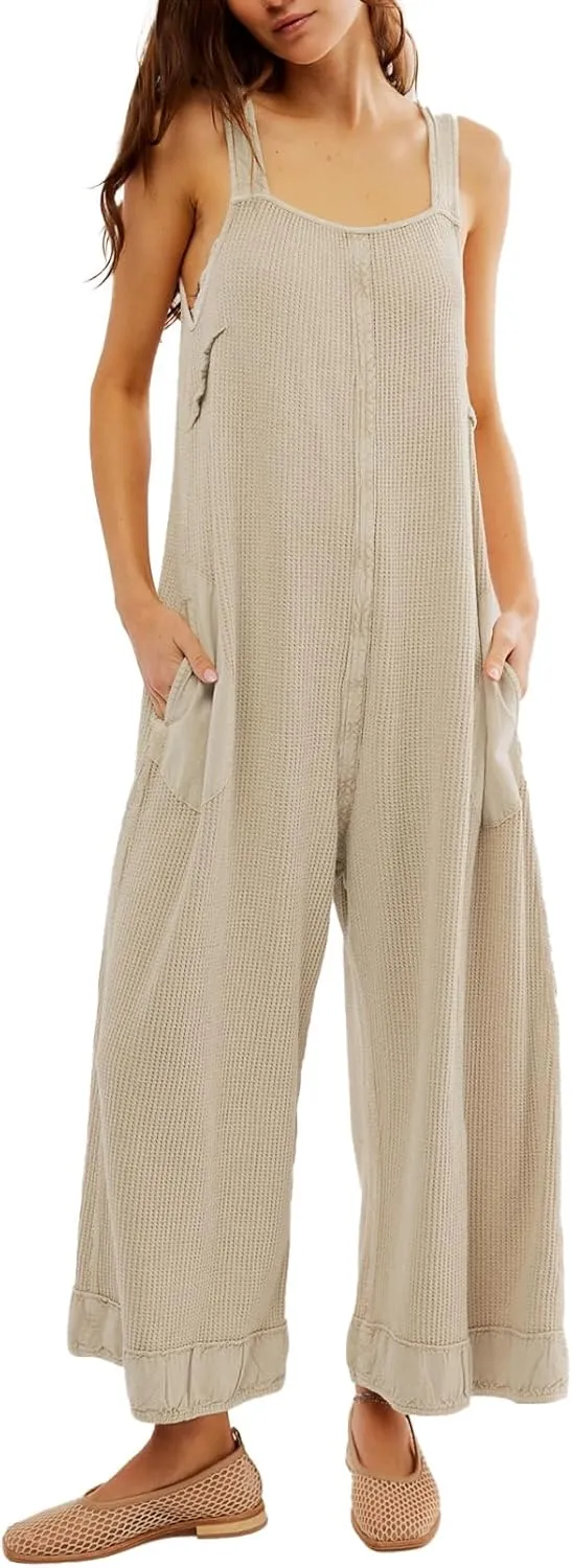 Ladyful Women's Summer Wide Leg Overalls Casual Loose Sleeveless Jumpsuits Waffle Backless Tank Romper